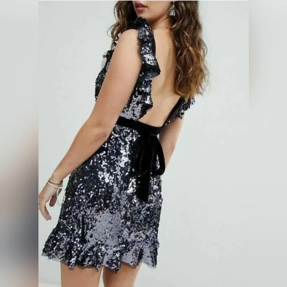 Free People Sequin Metallic Purple Black short dress party cocktail size 6 - Picture 5 of 17